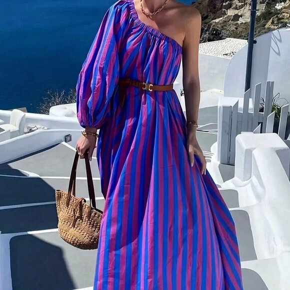 Dresses & Skirts - Women's Striped Print Sexy One Shoulder Vacation Style Maxi Dress